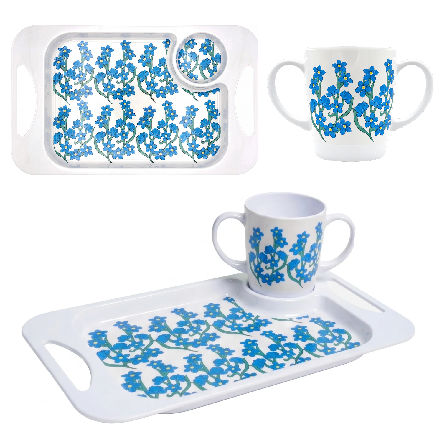 Two Handled Mug & Tray Set - Light Blue Floral