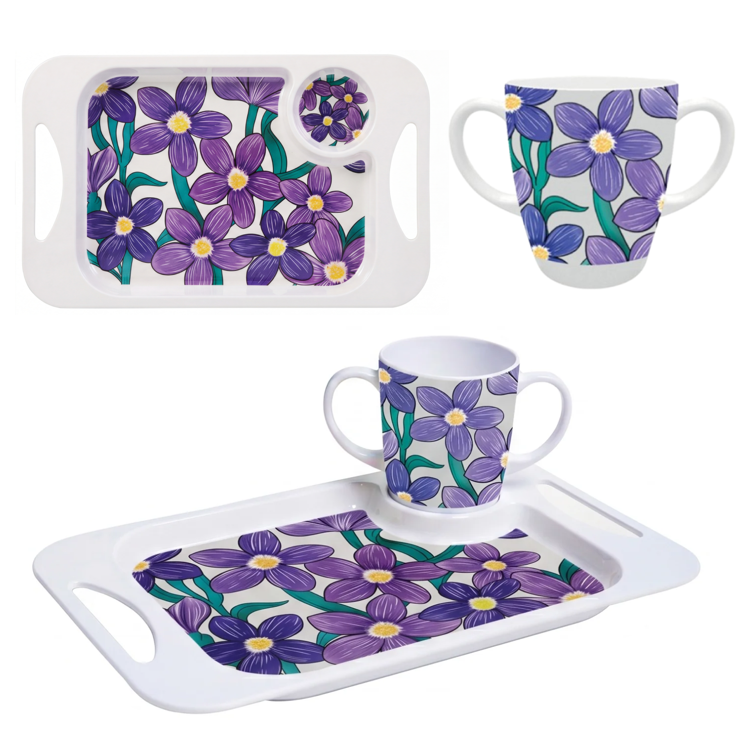 Two Handled Mug & Tray Set - Purple Floral