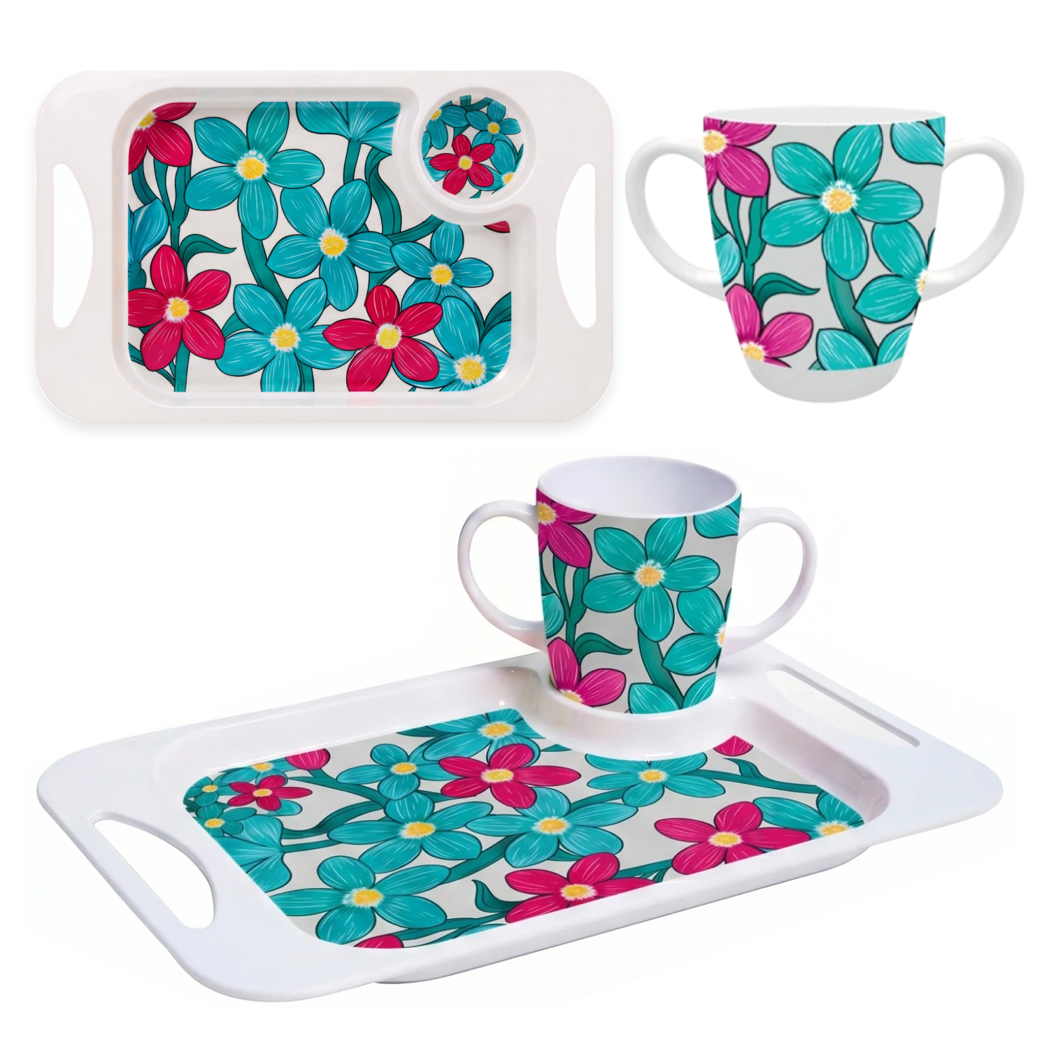 Two Handled Mug & Tray Set - Teal Cerise Floral