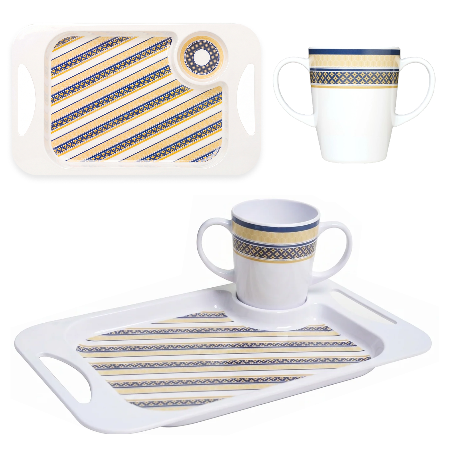 Two Handled Mug & Tray Set - White