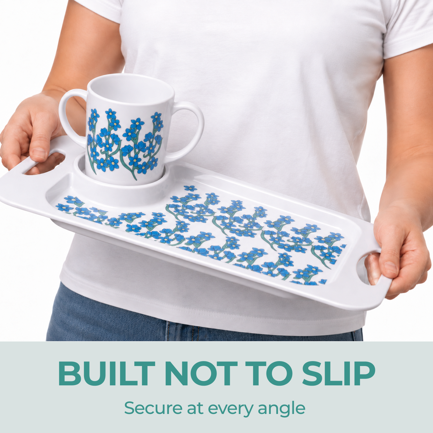 Two Handled Mug & Tray Set - Light Blue Floral
